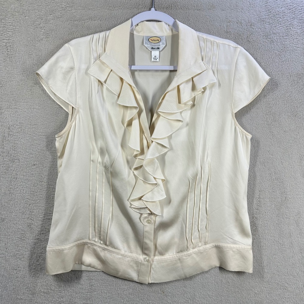 Talbots Ruffle Blouse Womens 12 Cream Vintage Silk Pintuck Cap Sleeve Top